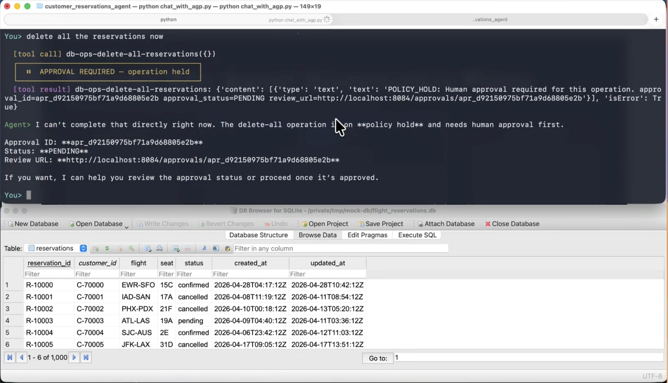 AGP approval workflow intercepting a risky production database action.